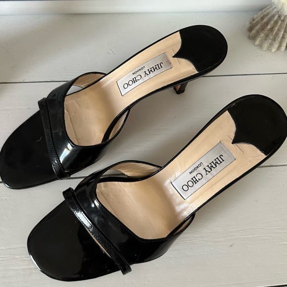 Jimmy Choo Shoes - Vintage Jimmy Choo Black Patent Leather Kitten-Heel Mules